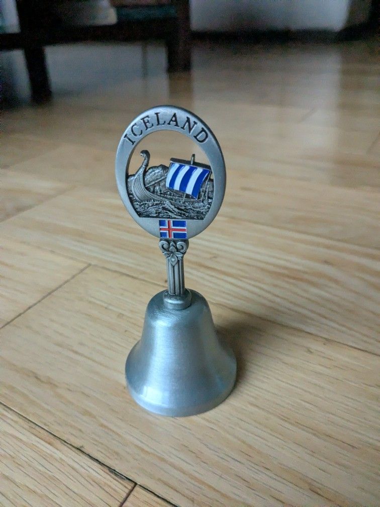 Iceland Dinner Bell Vintage Metal Viking Ship & Flag Accent. 4.5" Engraved Souvenir. A Collectible! 