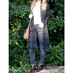 J. JILL Azure Blue White Azalea Open Front Long Duster Topper Cardigan Sweater