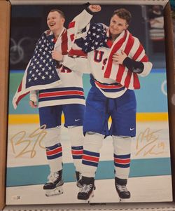 Matthew & Brady Tkachuk Signed 16x20 USA Canvas
