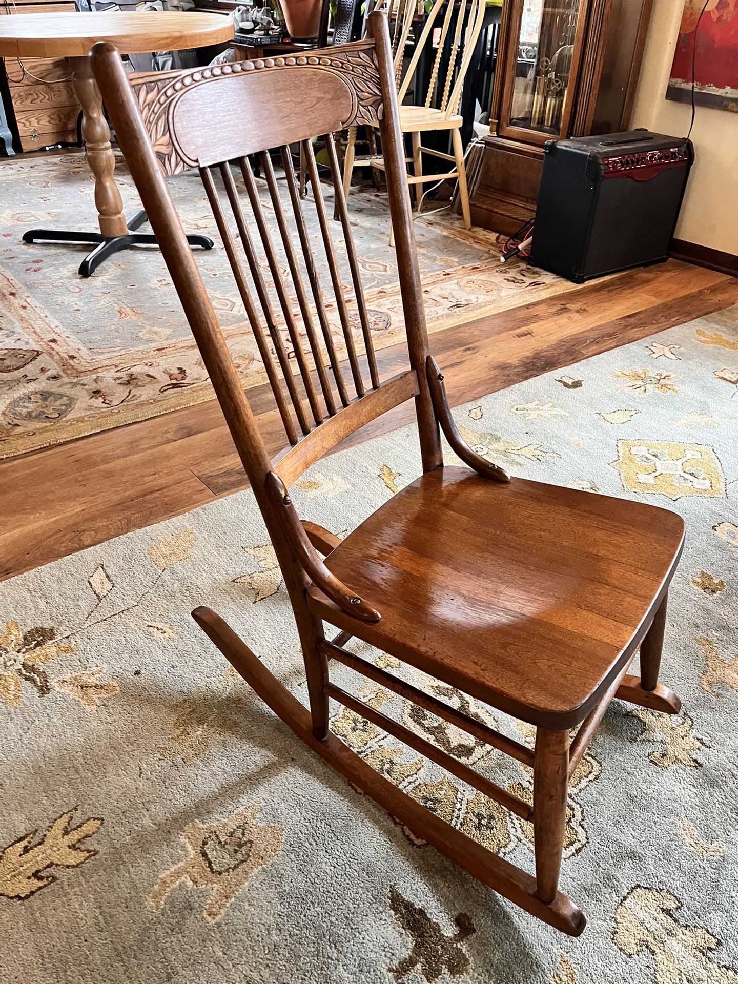 Beautiful Vintage Solid Oak Carved Back Rocking Chair