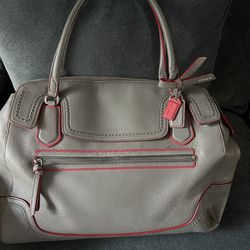 Coach Poppy Satchel Edgestain Gray and Coral F25058 Measure 13”L x 10 1/4” H x 6”W Leather Handles With 5” Drop 