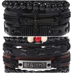 2 x Set Adjust. Size up to 9.5inc Leather Bracelet, (Cross-Faith)