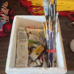 Box Of Acrylic Paint And Brushes 