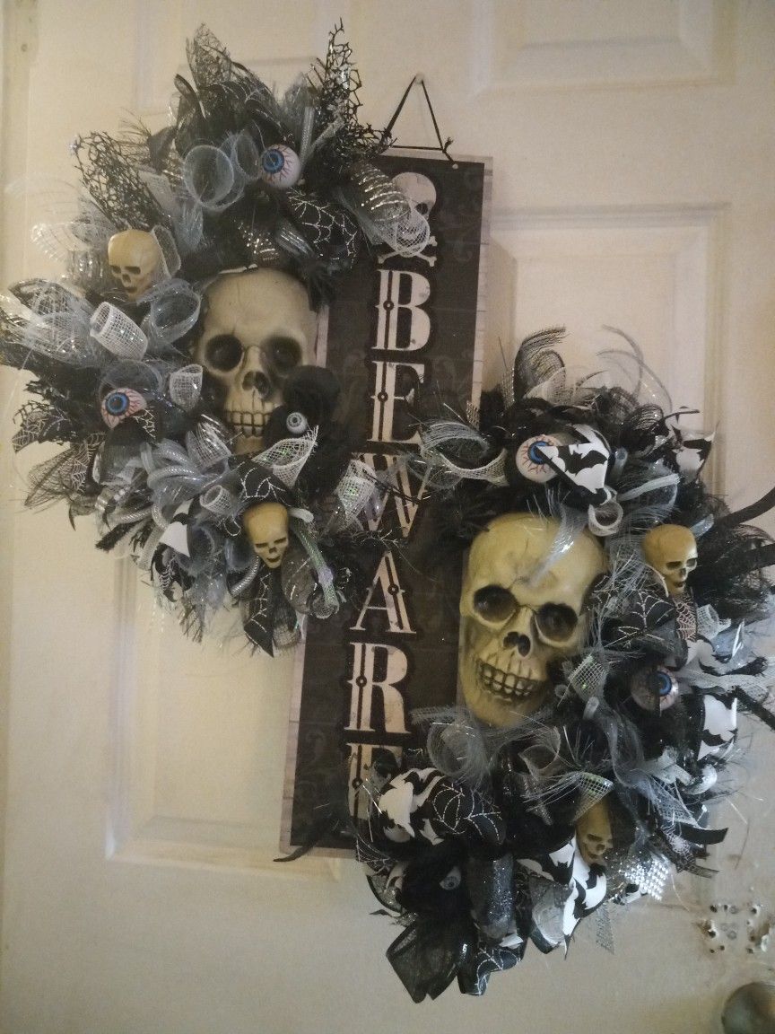 Handmade Beware Halloween Wreath(Black White& Gray)