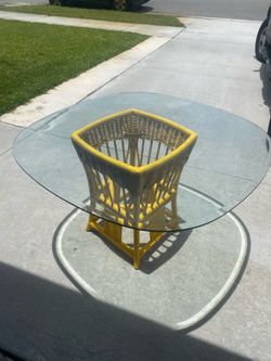 Rattan wicker glass table vintage 1970