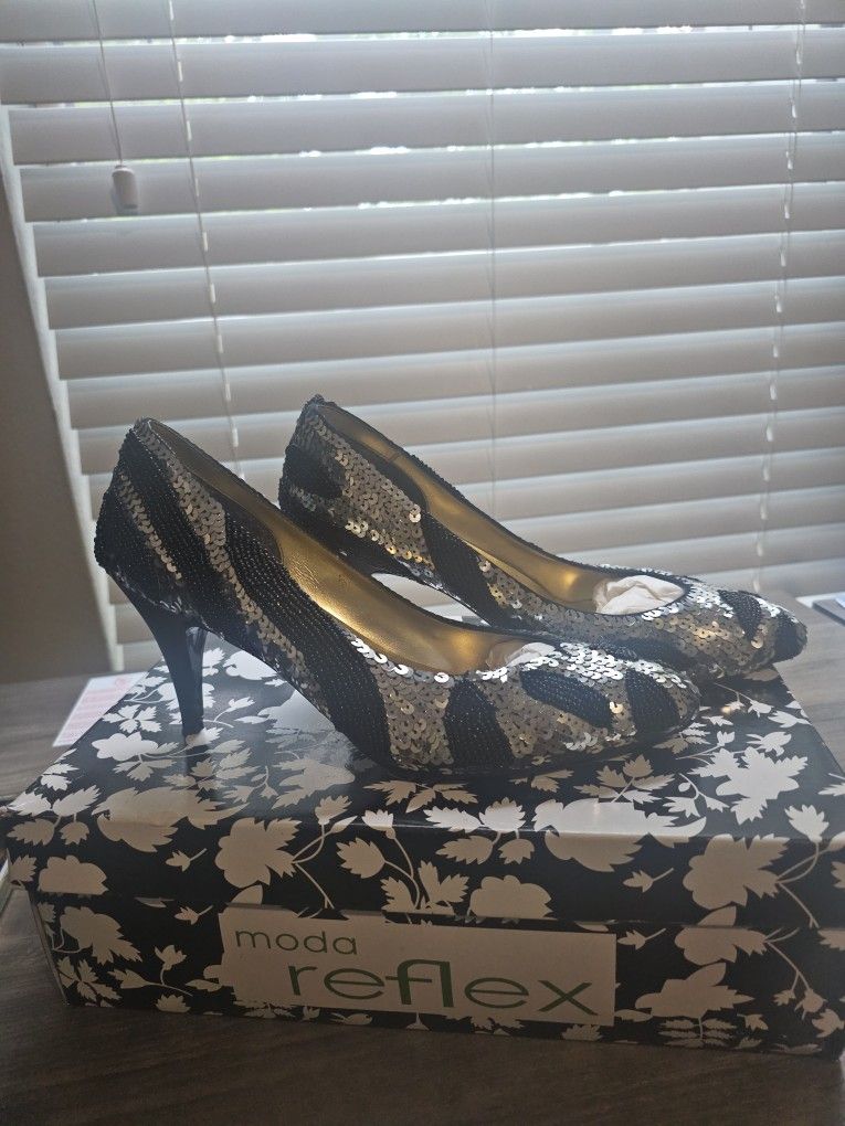 Sequin Pumps With Suede Heels