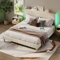❤️‍🔥 Beige Wood Frame King Size Velvet Upholstered Platform Bed Frame