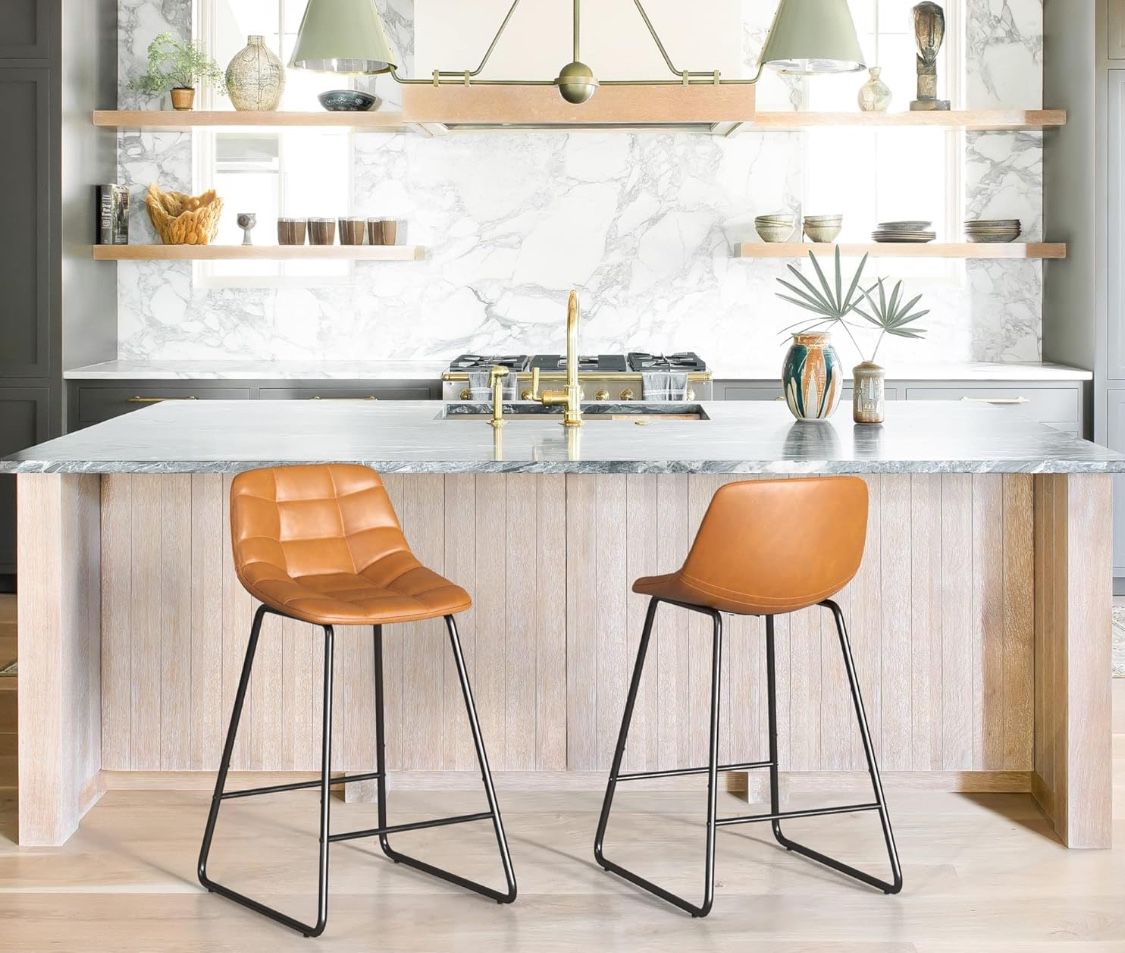 Reduced - Upholstered Checkered Pattern Bar Stools Set of 2, Faux Leather 24 Inch Counter Height Bar Chairs with Metal Legs for Kithchen Island, Whisk