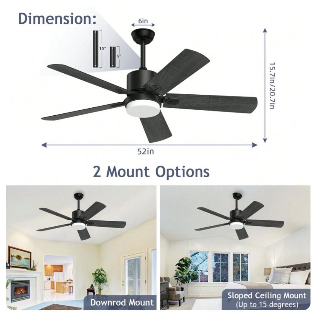 Ceiling Fan With Light And Remote Control, 52'' Black Ceiling Fan With Light, 6-Speed Reversible, 5 Wood Fan Blades