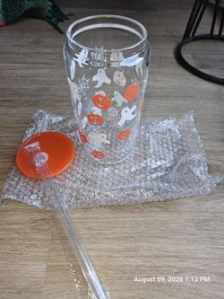 Glass Holloween cup with lid and straw