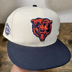 off-white New Era Chicago Bears 59FIFTY fitted hat with a navy blue visor and a Super Bowl XIX side