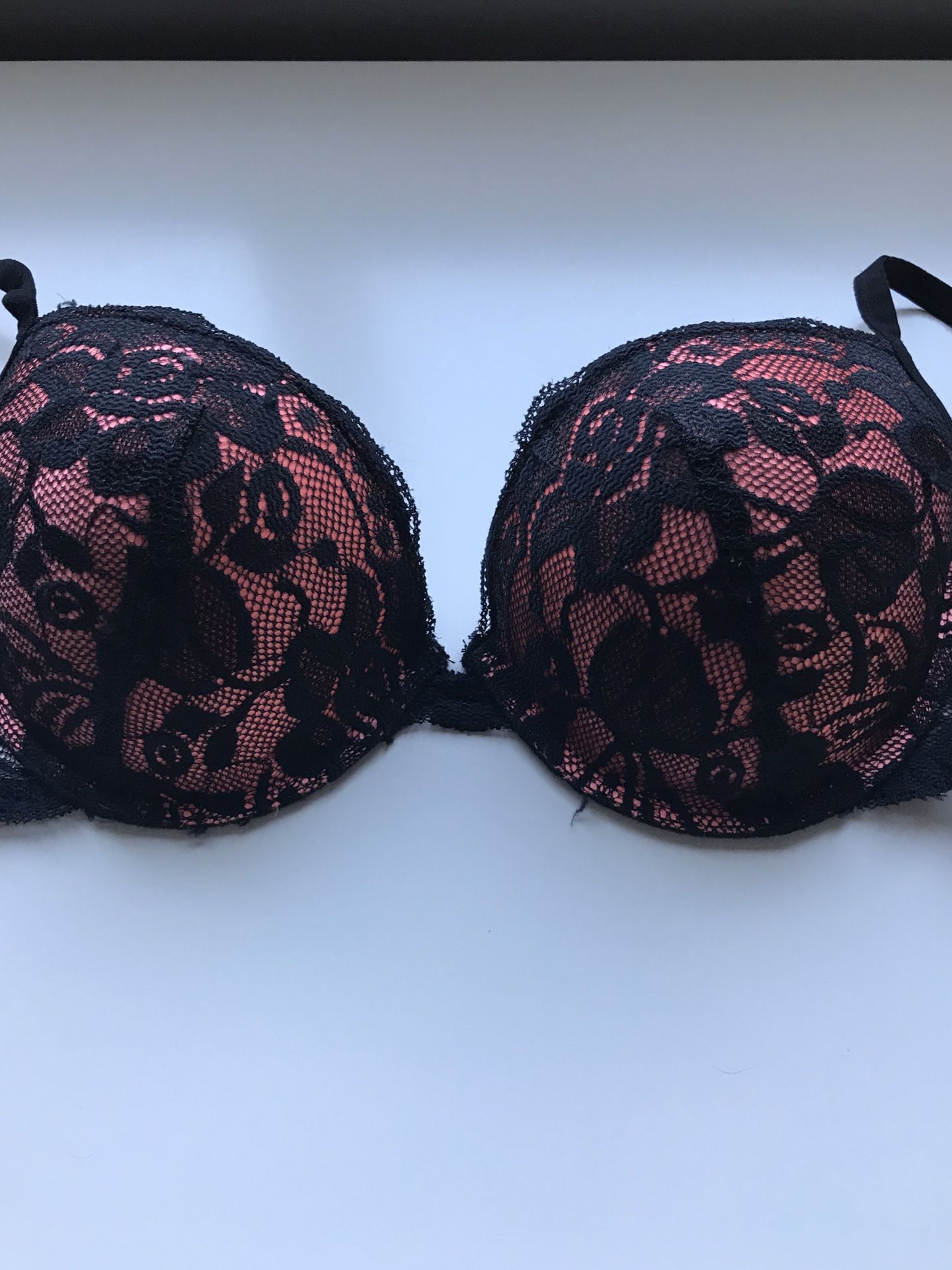Hot pink and black lace push-up bra - 36C