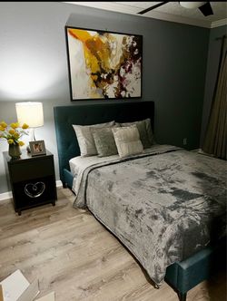 Navy Blue Tufted Upholstered Headboard with frame and mattress and box (included)