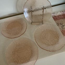 4 pink small glass plates