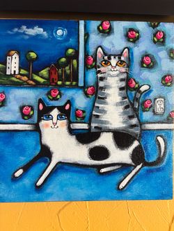 New Original Painting over Canvas for Cats Lovers. 10” x 10”. Coral Gables. Ready to