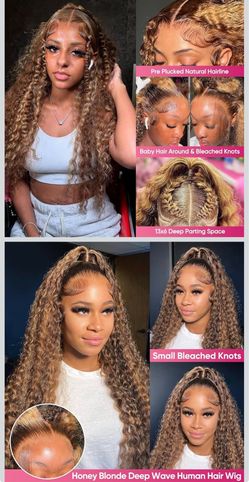 🔥Brand new🔥 28Inch Honey Blonde Wig Human Hair Deep Wave 13x6 HD Ombre Lace Front Wigs P4/27 Highlight Curly Human Hair Wig 200 Density Pre Plucked 