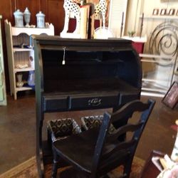 Antique desk with chair and baskets