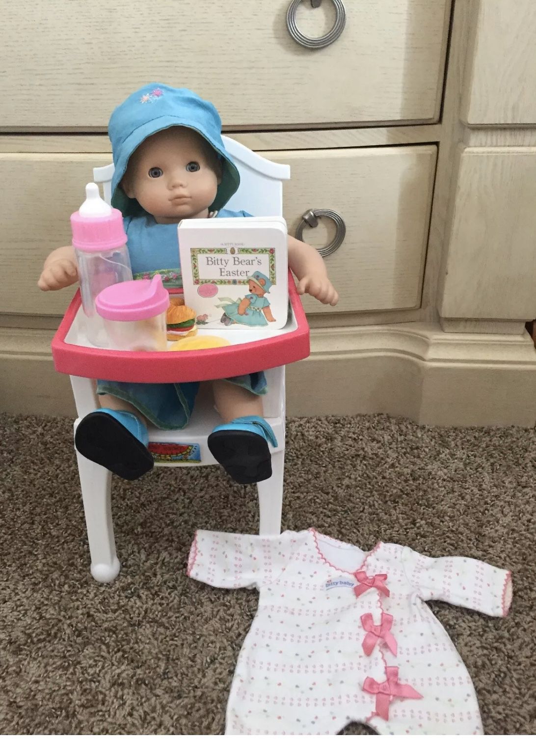 American Girl Bitty Baby Doll Retired LOT Bundle Clothes Outfit Highchair Food Play set Accessories