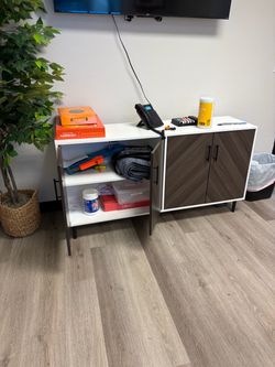 White and Wood Storage Cabinet with Doors