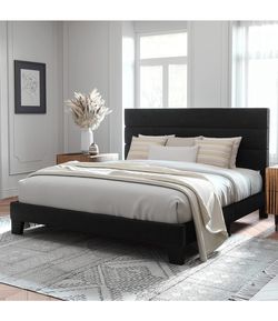 O185 $150  King Size Platform Bed Frame with Velvet Upholstered Headboard and Wooden Slats Support, Fully Upholstered Mattress Foundation/No Box Sprin