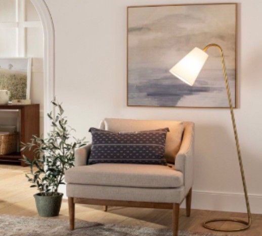 Brand New Threshold & Studio Mc Gee Floor Lamp Brass Finish White Fabric Shade