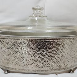 Antique Pyrex Dish & Lid With Chrome Footed Stand