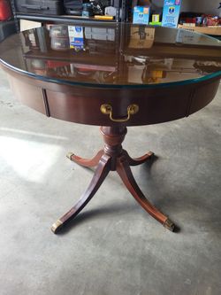 Round Mahogany Drum Table with Glass Top