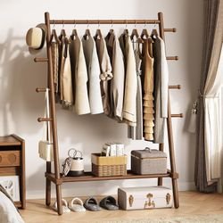 Yoobure Solid Wood Clothes Rack - Heavy Duty Clothing Racks for Hanging Clothes with 8 Hooks