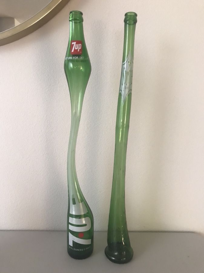 2 vintage stretched glass bottles sprite 7up!