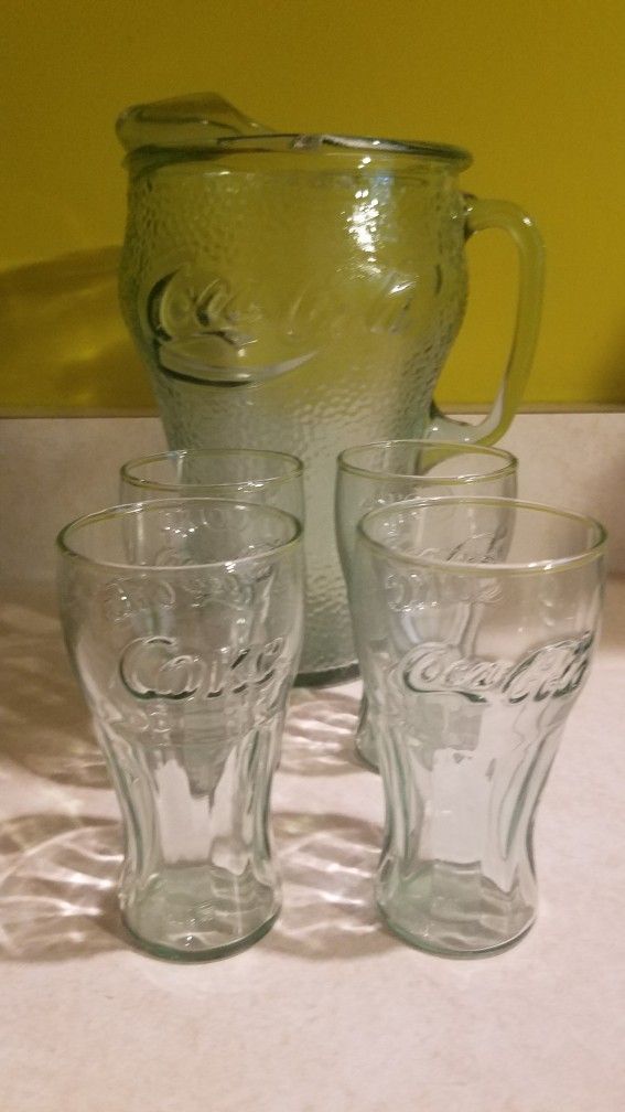 Vintage Glass Coca Cola Pitcher & Glasses

