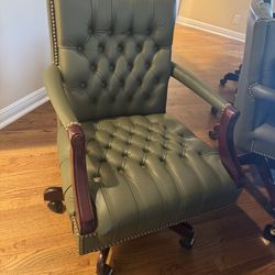 VINTAGE MAHOGANY AND GREEN  TUFTED LEATHER DESK CHAIR