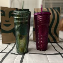 Starbucks Venti Berry Bling Studded  And Green Unicorn Grid 