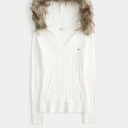 Faux Fur Trim Hooded Cable-Knit Sweater