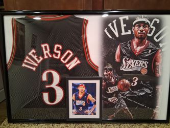 ALLEN IVERSON HALL OF FAMER PHILADELPHIA 76ERS ,CUSTOM STITCHED, BRANDED, AUTHENTIC FRAMED JERSEY.