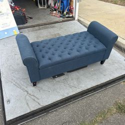 Blue Storage Ottoman, Fabric Upholstered Bench with Armrests for Bedroom