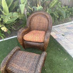 Pottery Barn Malabar Rattan Boho Chair and Ottoman