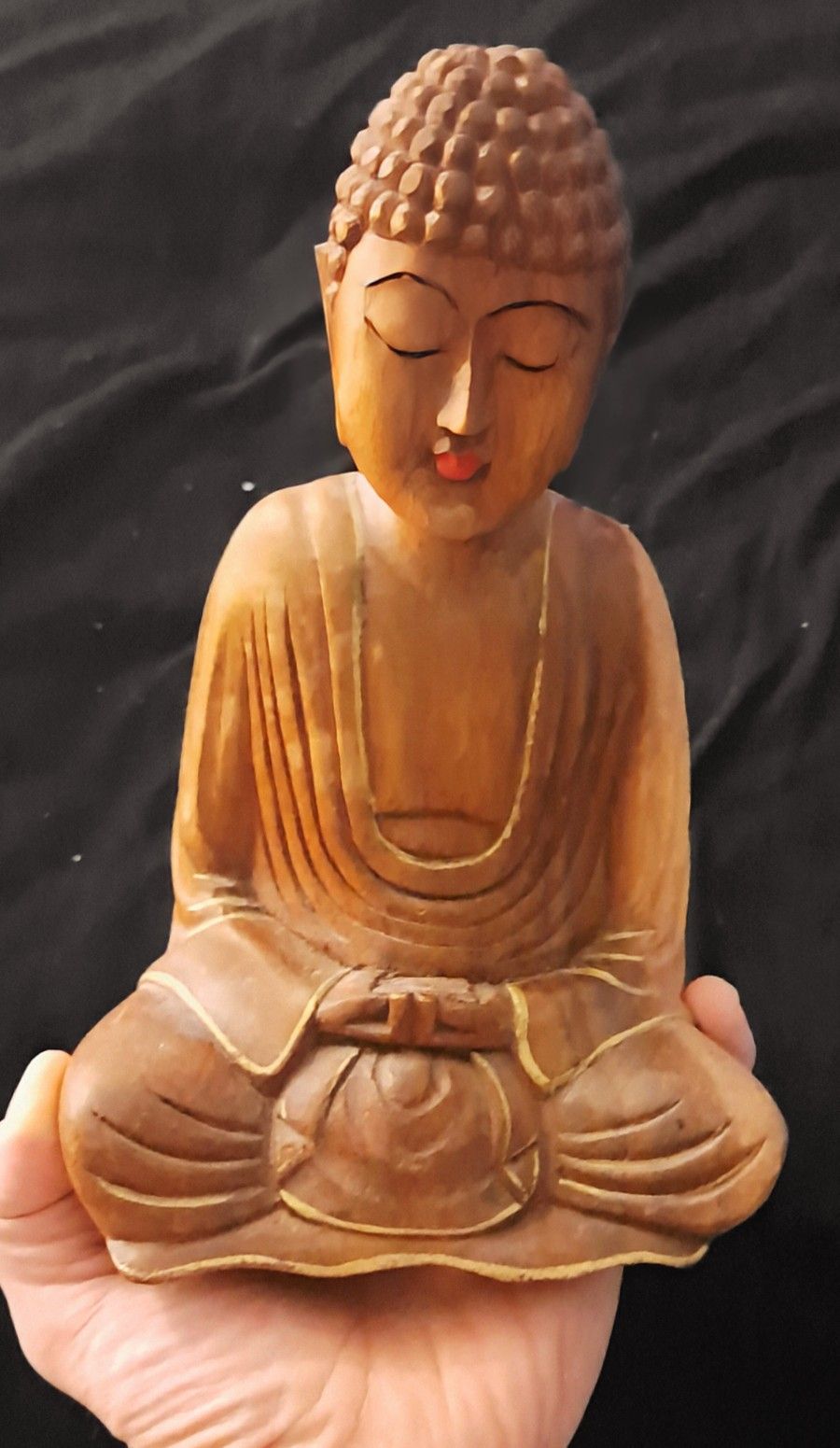 Antique Suar Wood 9.8"Tall Buddha Meditation, Red Painted Lips• Hand Made Rare•