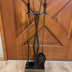 Fireplace 4-Piece Tool Set with Poker, Shovel, Tongs & Stand Antique Brass