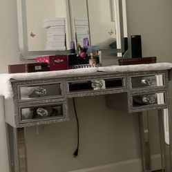 Vanity And Mirror With Light And Fluffy Storage Chair With Gold Legs and One  Mirrored  Night Stand 