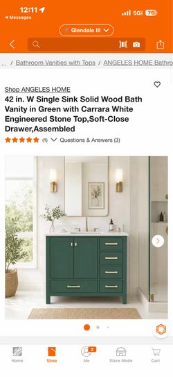 Shop ANGELES HOME 42 in. W Single Sink Solid Wood Bath Vanity in Green with Carrara White Engineered Stone Top, Soft-Close Drawer,Assembled