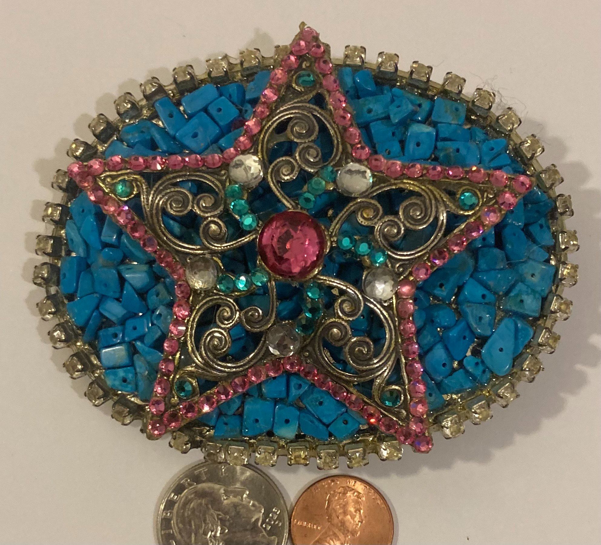Vintage Metal Belt Buckle, Nice Star Design, with Lots of Bling Design, Nice Western Design, 3 3/4" x 3", Cowboy Style, Heavy Duty, Quality, Made in U