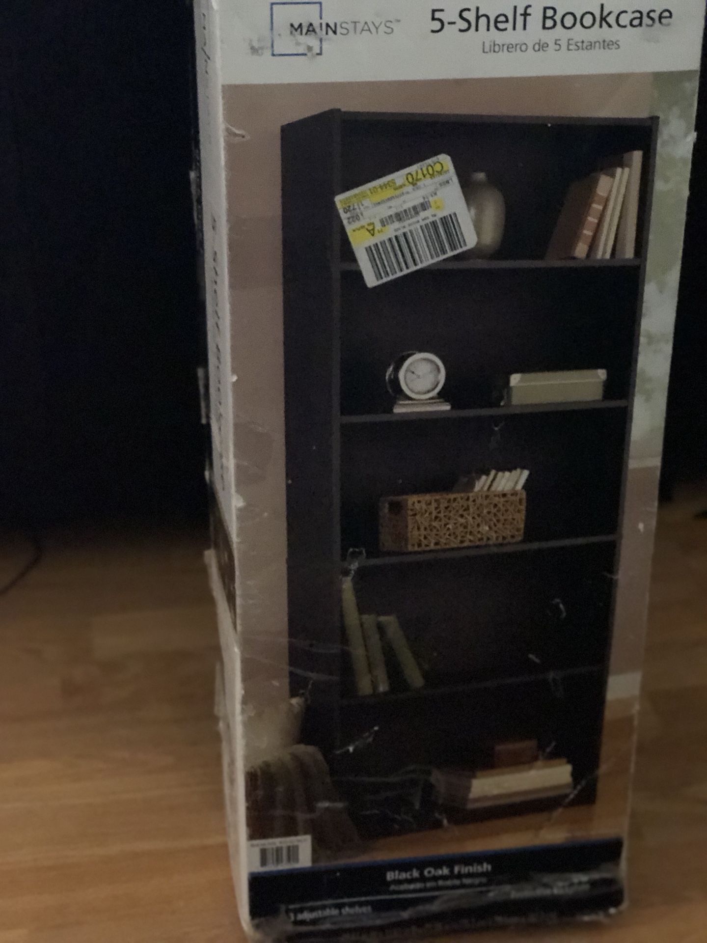 Mainstays 5 shelf bookcase black oak never used just normal wear on the box
