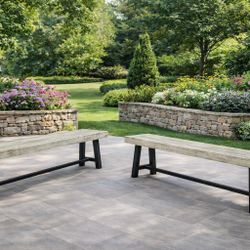 74” - 2 Pieces Outdoor Carlisle Acacia Wood Benches, Sandblasted Light Gray plus Black