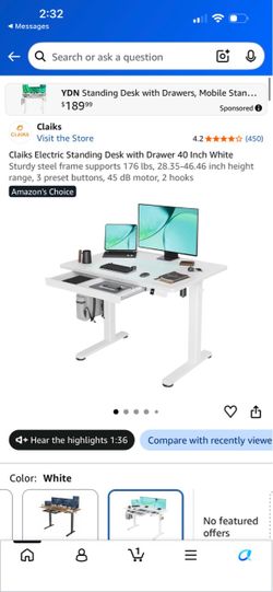Electric Standing Desk with Drawer 40 Inch White