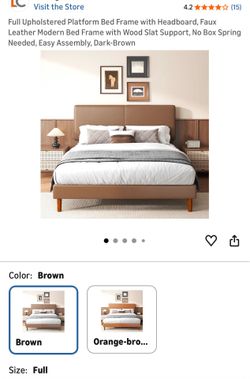 Full Upholstered Platform Bed Frame with Headboard, Faux Leather Modern Bed Frame with Wood Slat Support, No Box Spring Needed, Easy Assembly, Dark-Br