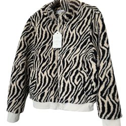 Pink Rose Zebra Sherpa Bomber Jacket Size large Beige & Black NWT Streetwear.  2 pockets in front.  Girly, retro B13 