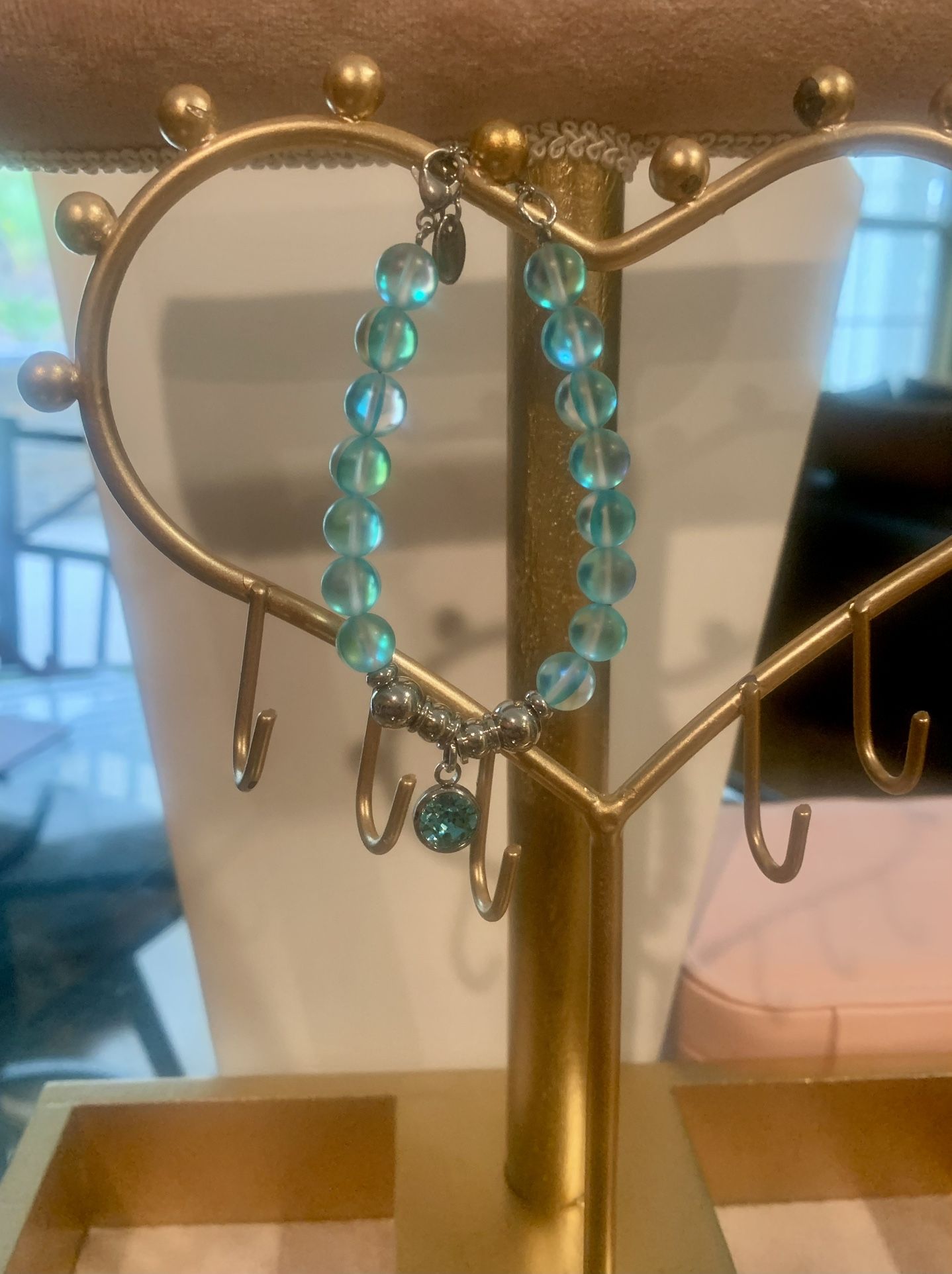 Jewelry-Bracelet-Crystal Synthetic Moonstone & Stainless Steel 6.5”+1”