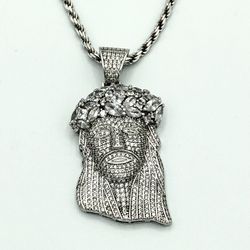 Large Sterling Silver Iced Out Jesus Pendant With 30” Sterling Twist Rope Chain