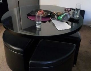 Brownish-Black Coffee Table / Dining Table with 4 Black Seats / Footrests with Storage, on Rollers