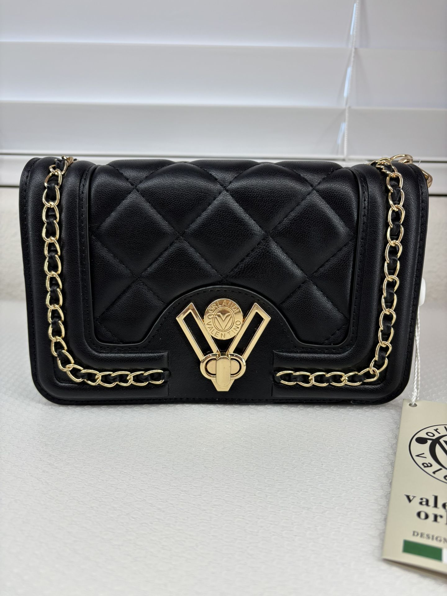 Valentino Orlandi Black Quilted Crossbody Bag with Chain